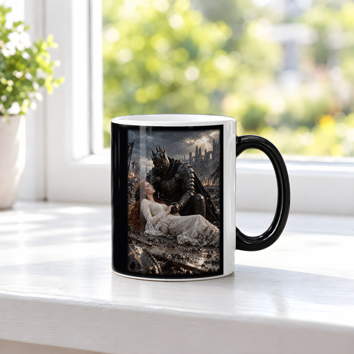 Letzter Schutz – Ritter-Tasse, Black Edition, am Fenster