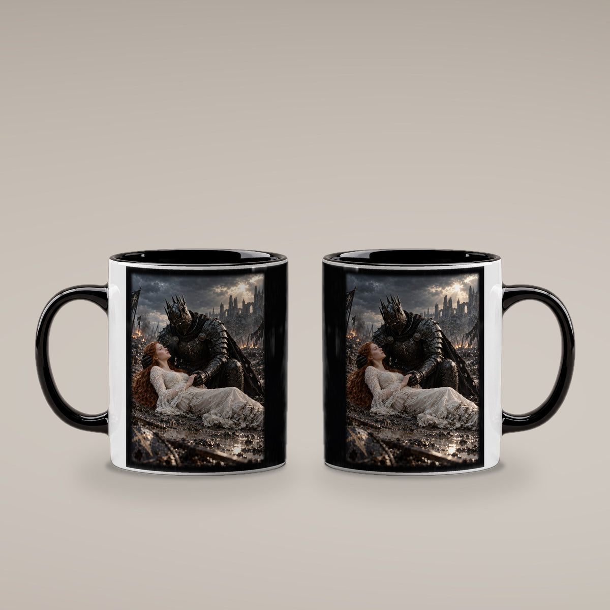 Letzter Schutz – Ritter-Tasse, innen schwarz, beide Motivseiten