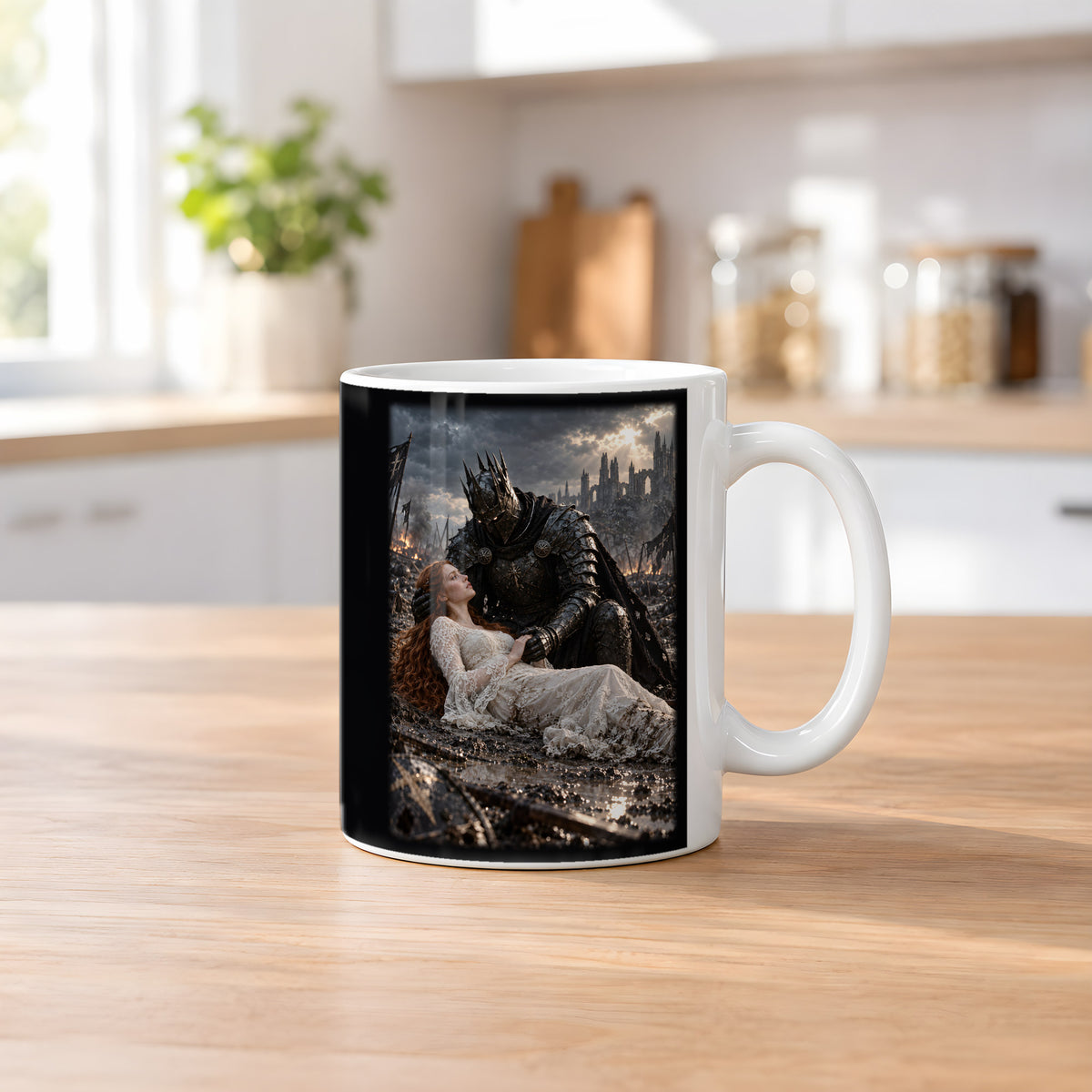 Letzter Schutz – Ritter-Tasse, weiß, Küchenszene