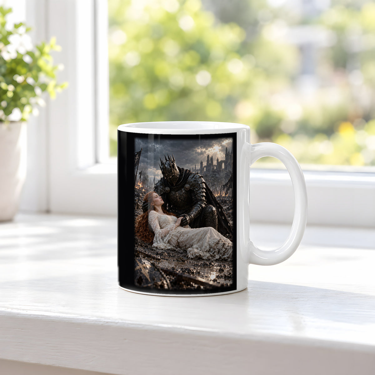 Letzter Schutz – Ritter-Tasse, weiß, am Fenster