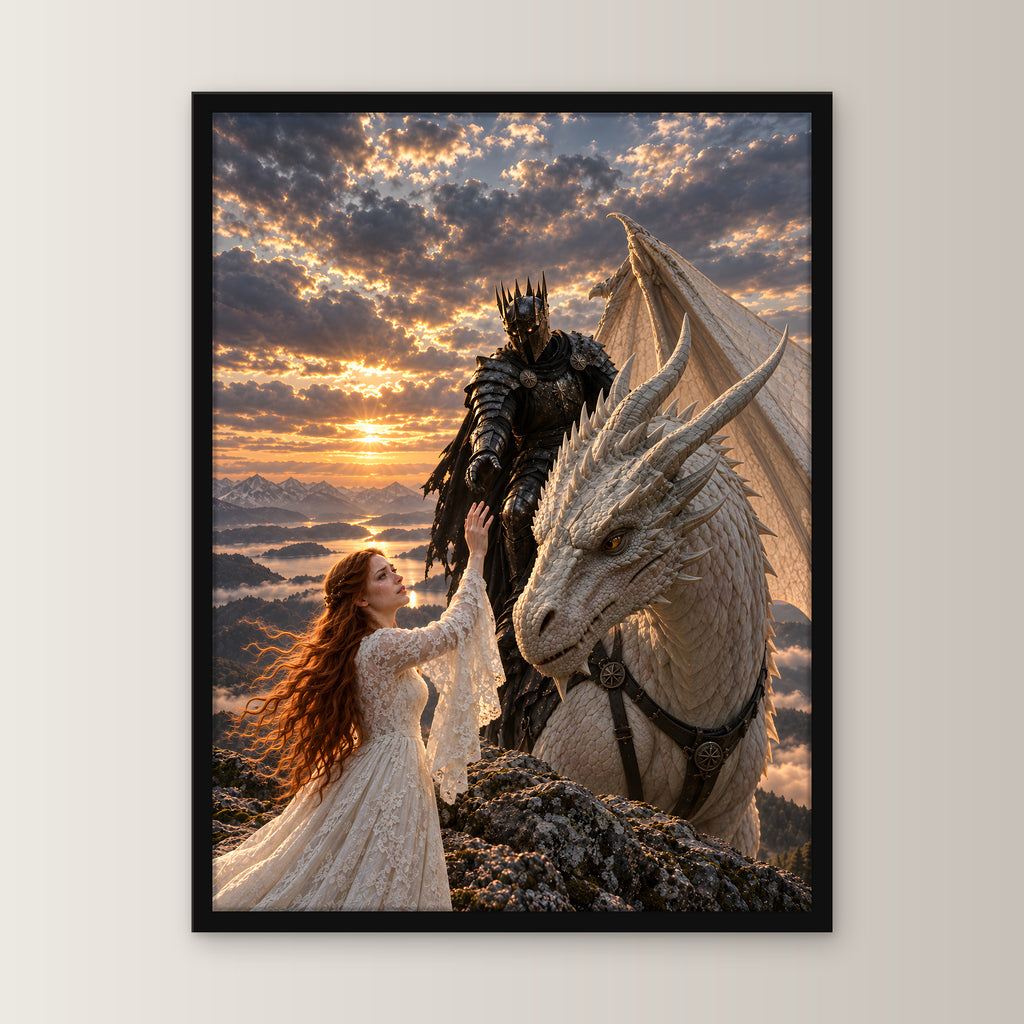 Abschied im Abendlicht – Drachen-Wandbild im schwarzen Holzrahmen, Frontansicht