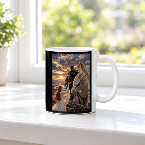 Abschied im Abendlicht – Drachen-Tasse, weiß, am Fenster