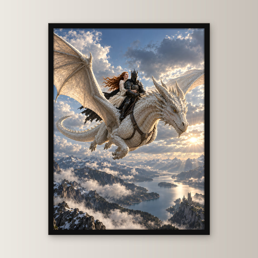 Gemeinsam über den Gipfeln – Drachen-Wandbild im schwarzen Holzrahmen, Frontansicht
