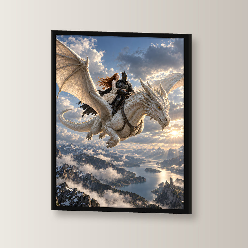 Gemeinsam über den Gipfeln – Drachen-Wandbild im schwarzen Holzrahmen, seitliche Ansicht