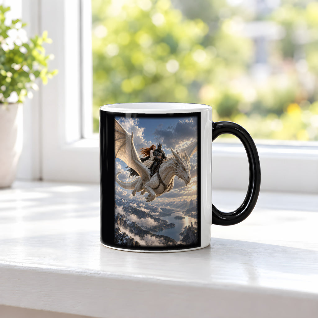Gemeinsam über den Gipfeln – Drachen-Tasse, Black Edition, am Fenster