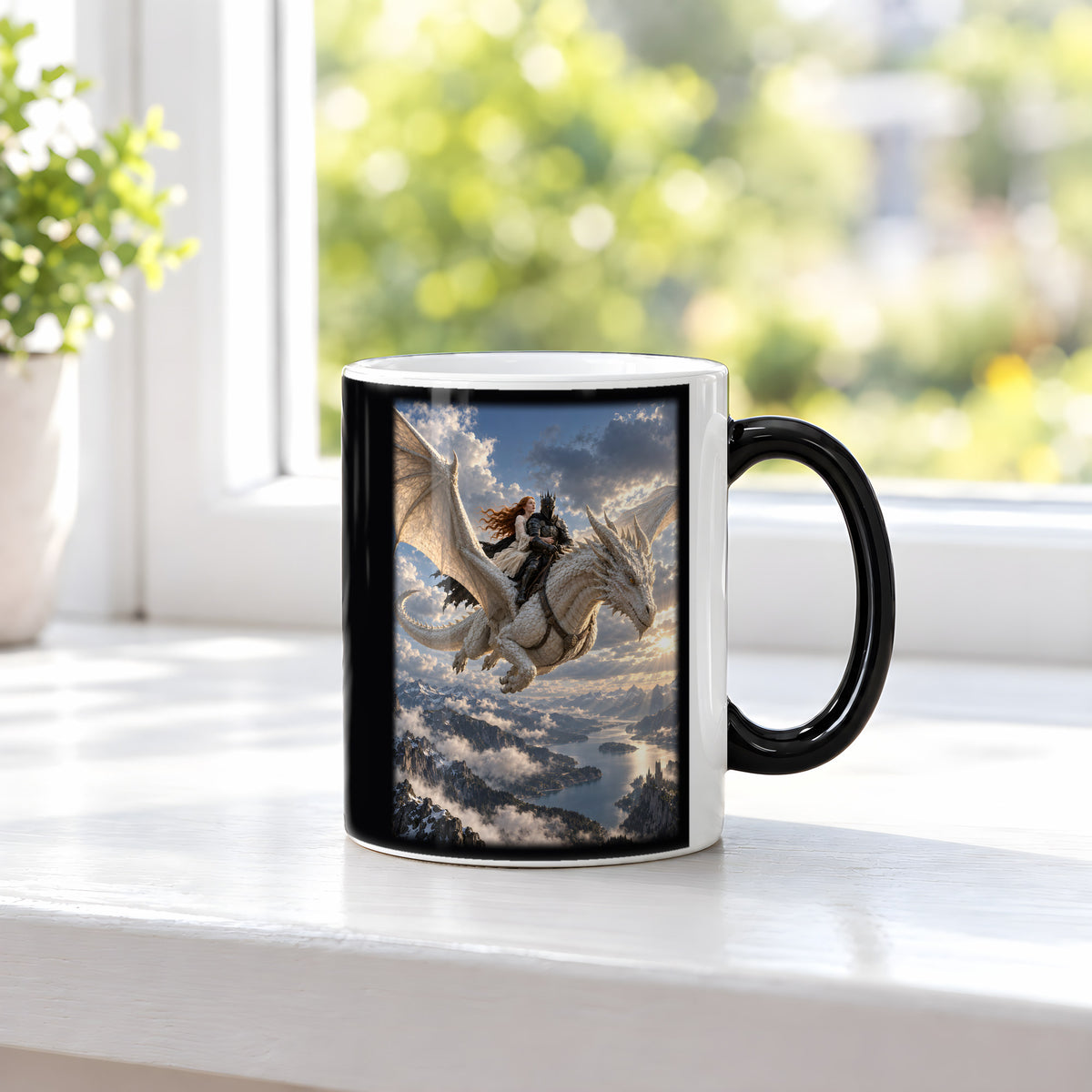 Gemeinsam über den Gipfeln – Drachen-Tasse, Black Edition, am Fenster