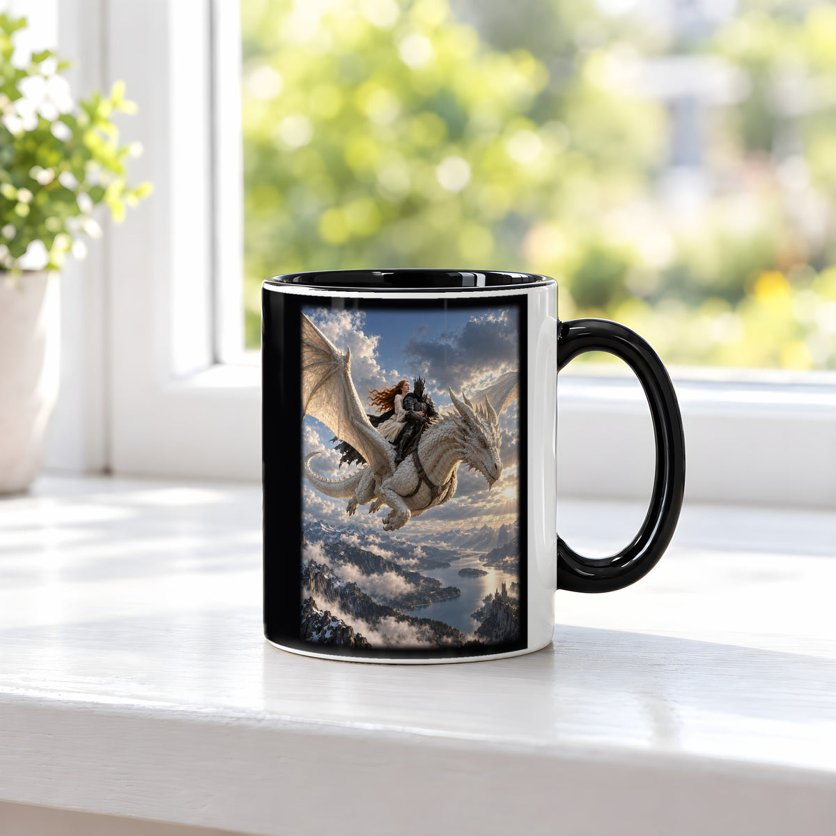 Gemeinsam über den Gipfeln – Drachen-Tasse, innen schwarz, am Fenster