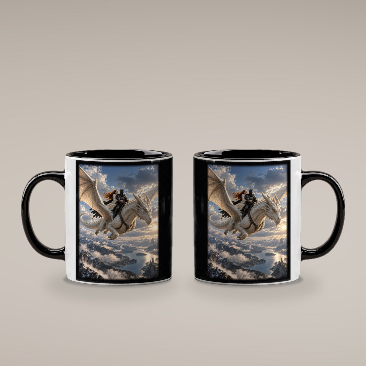 Gemeinsam über den Gipfeln – Drachen-Tasse, innen schwarz, beide Motivseiten