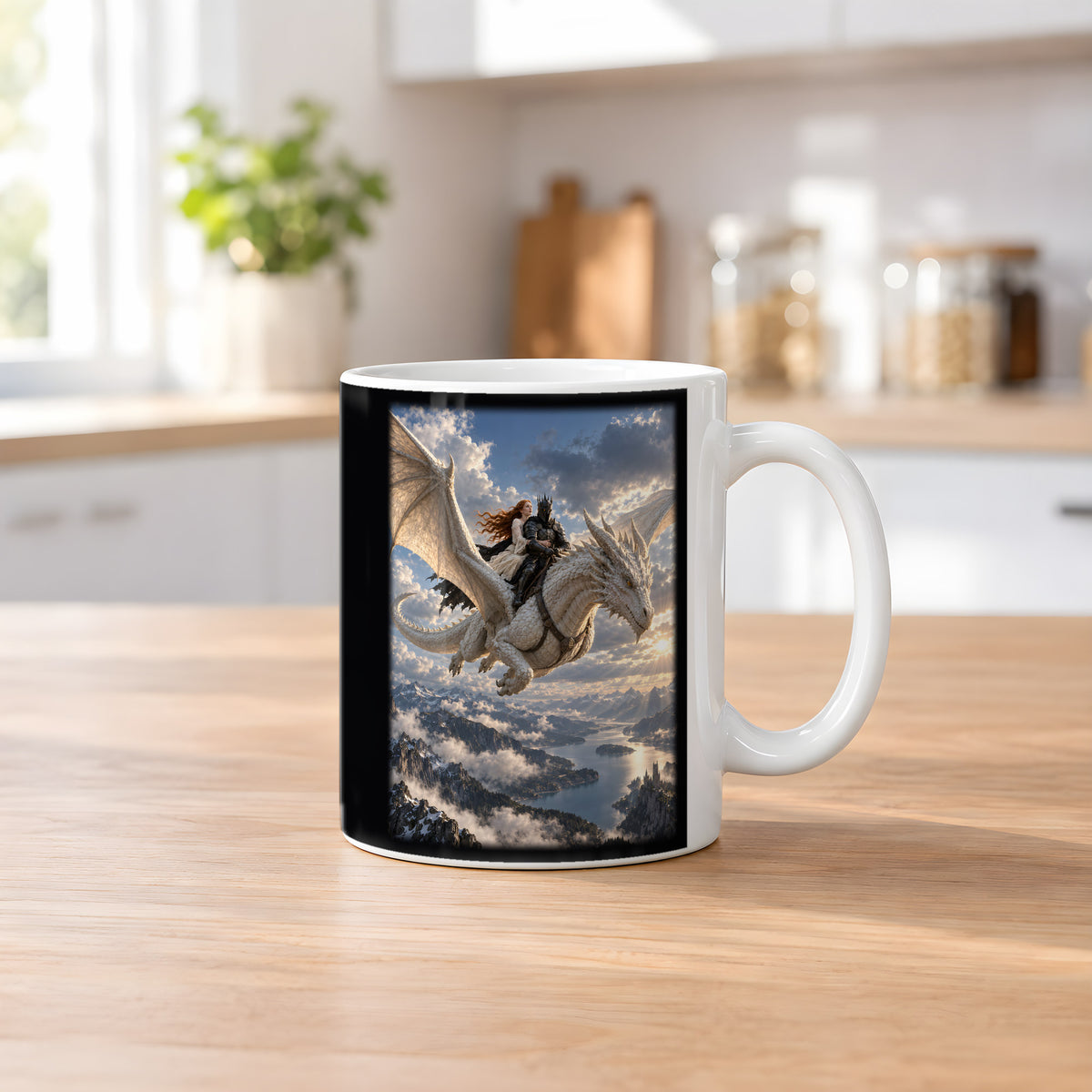 Gemeinsam über den Gipfeln – Drachen-Tasse, weiß, Küchenszene