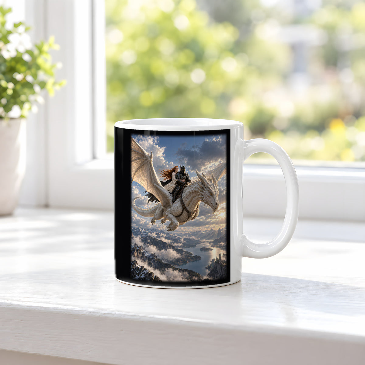 Gemeinsam über den Gipfeln – Drachen-Tasse, weiß, am Fenster