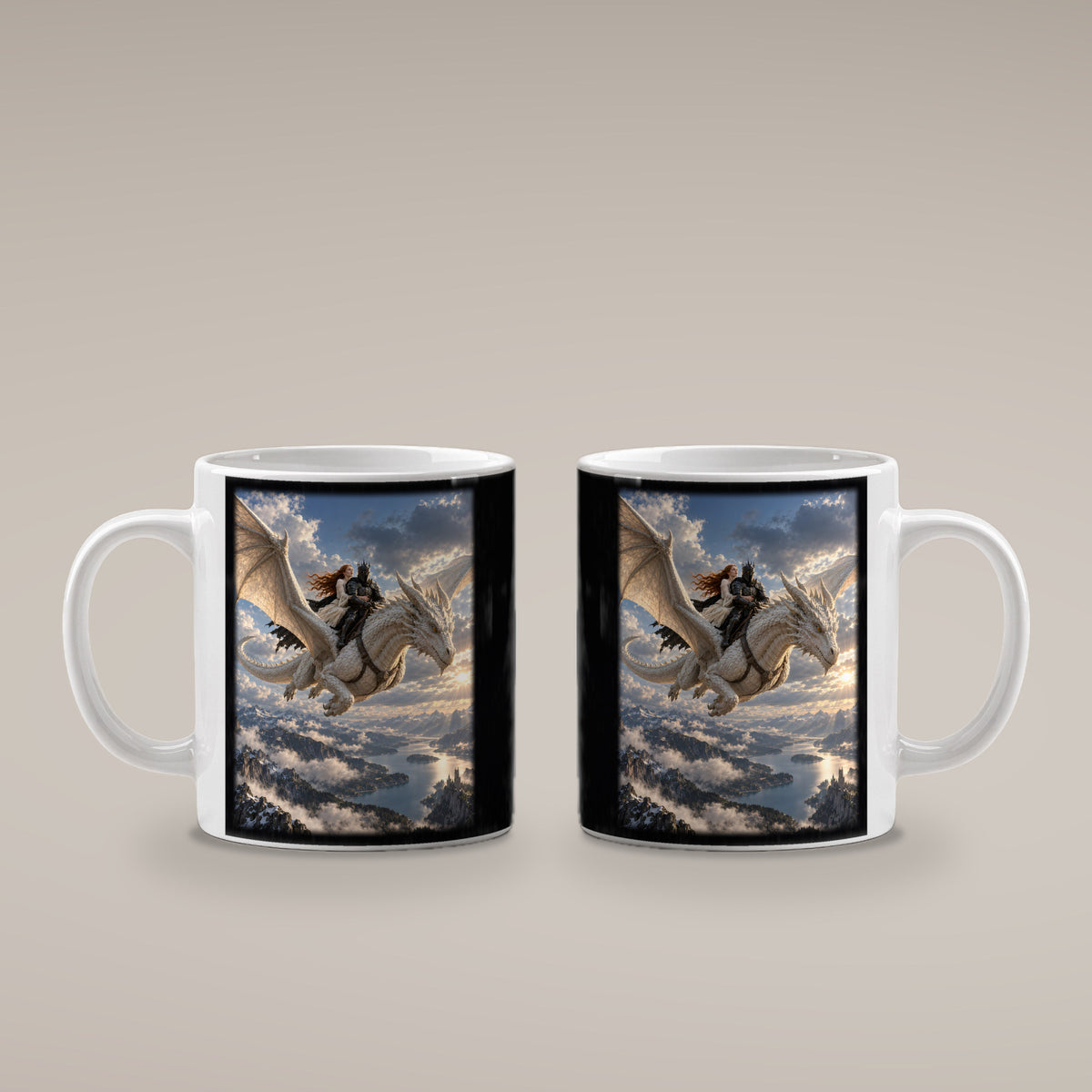 Gemeinsam über den Gipfeln – Drachen-Tasse, weiß, beide Motivseiten