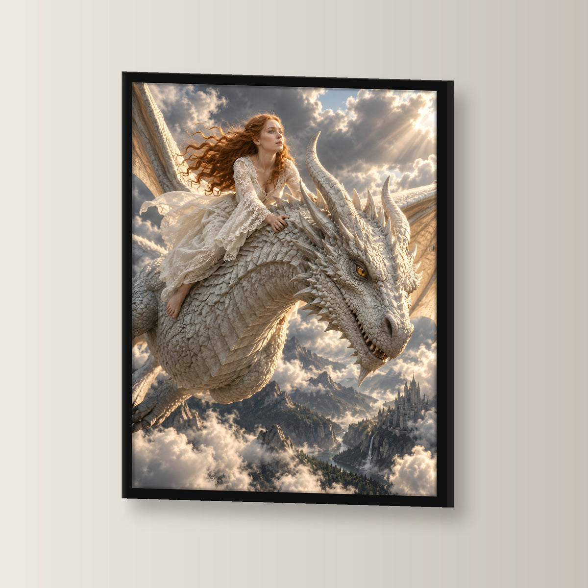 Flug des Elfenbeindrachen – Drachen-Wandbild im schwarzen Holzrahmen, seitliche Ansicht
