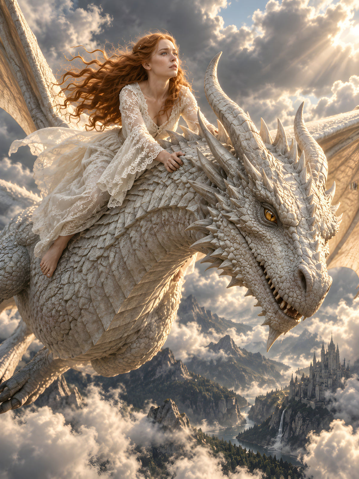 Flug des Elfenbeindrachen – Drachen-Wandbild im schwarzen Holzrahmen, Motiv im Detail