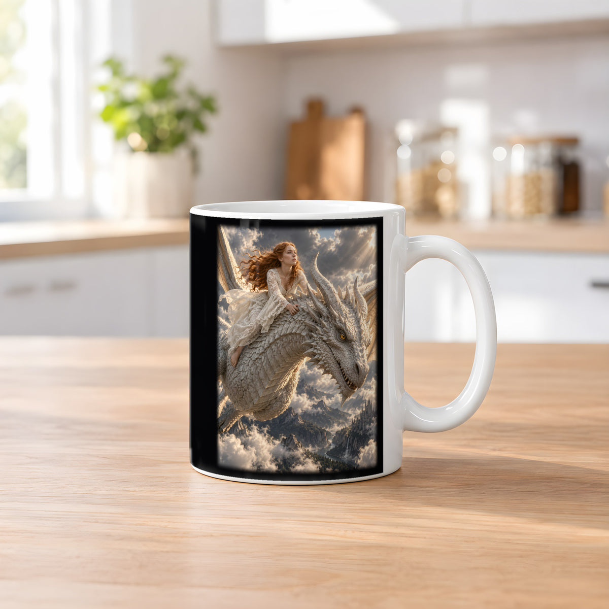 Flug des Elfenbeindrachen – Drachen-Tasse, weiß, Küchenszene