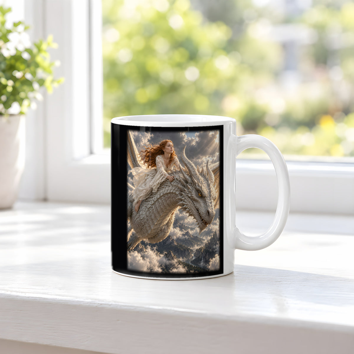 Flug des Elfenbeindrachen – Drachen-Tasse, weiß, am Fenster