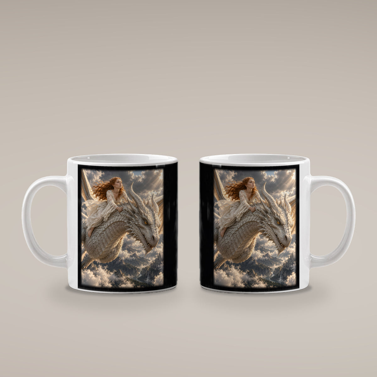 Flug des Elfenbeindrachen – Drachen-Tasse, weiß, beide Motivseiten