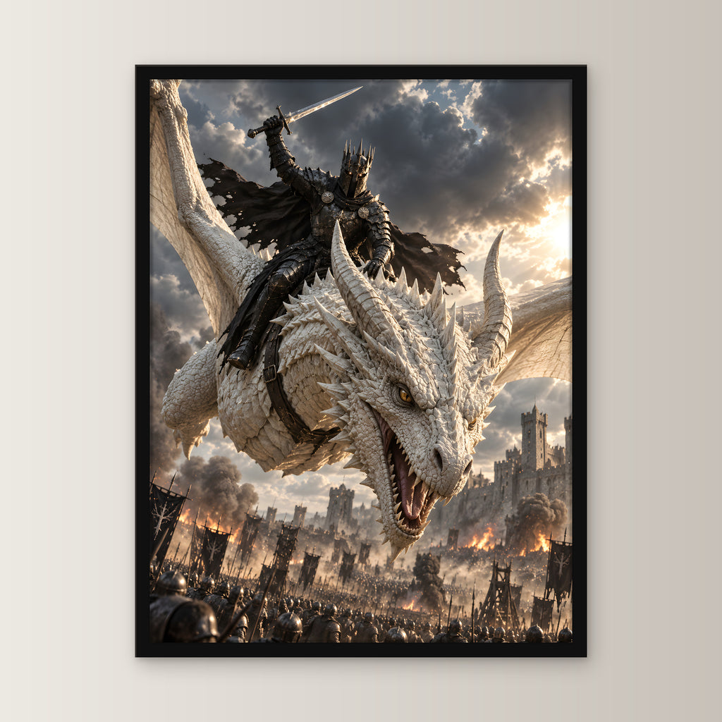 Angriff aus den Wolken – Drachen-Wandbild im schwarzen Holzrahmen, Frontansicht