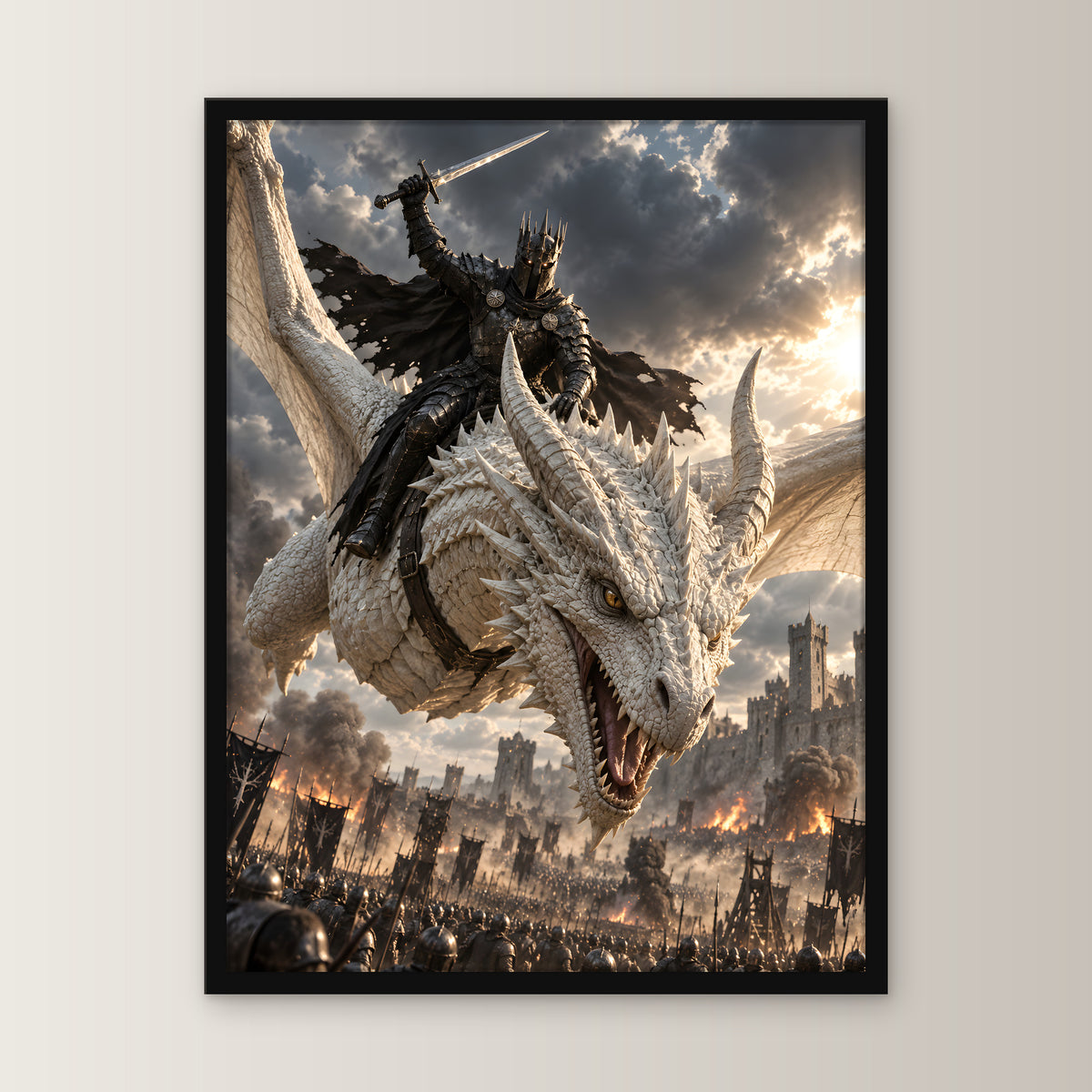 Angriff aus den Wolken – Drachen-Wandbild im schwarzen Holzrahmen, Frontansicht