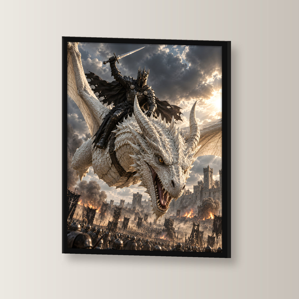 Angriff aus den Wolken – Drachen-Wandbild im schwarzen Holzrahmen, seitliche Ansicht