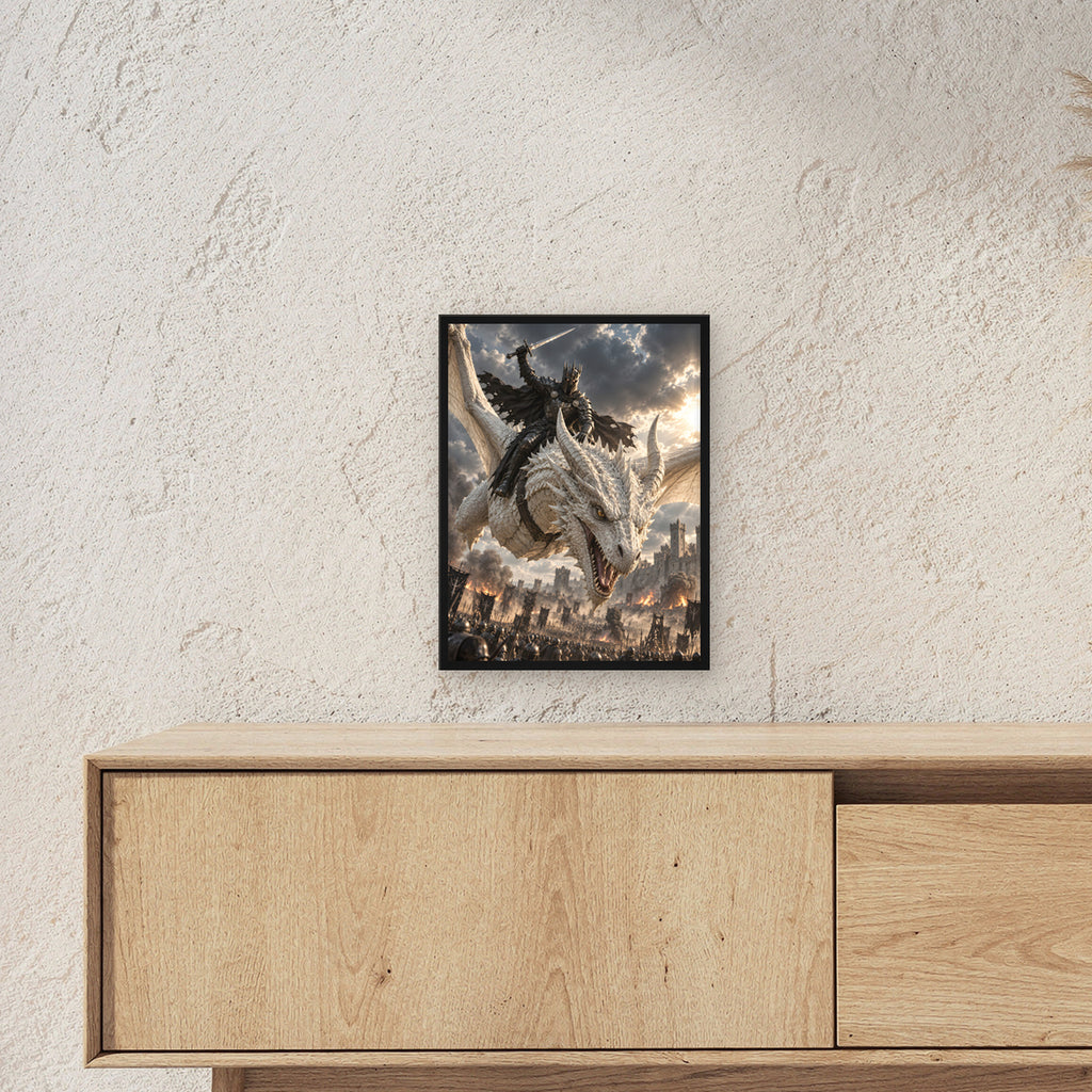 Angriff aus den Wolken – Drachen-Wandbild im schwarzen Holzrahmen, Wohnraum