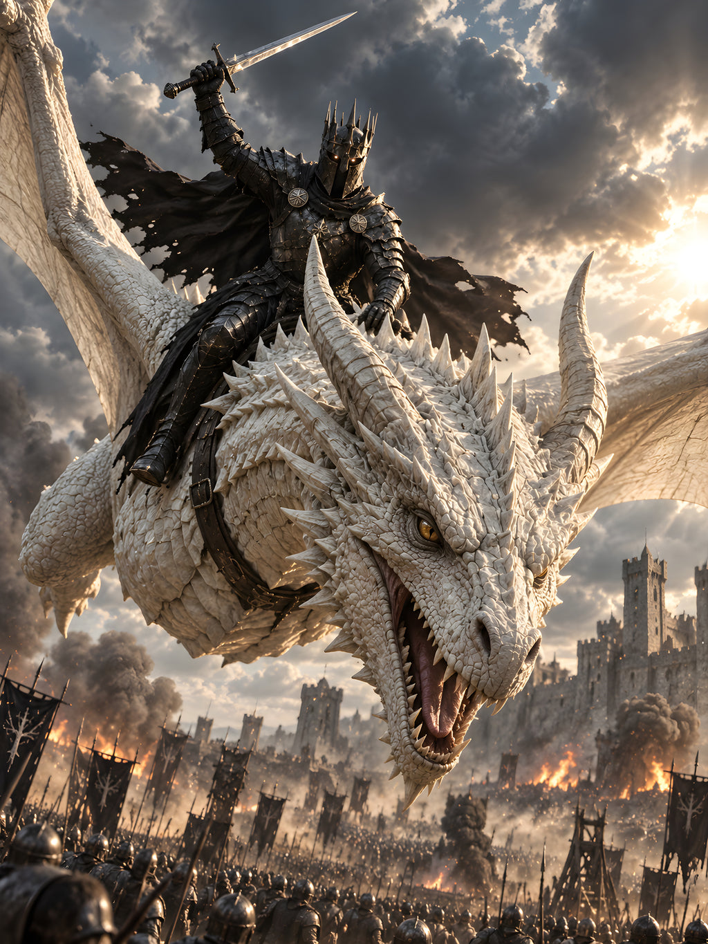 Angriff aus den Wolken – Drachen-Wandbild im schwarzen Holzrahmen, Motiv im Detail