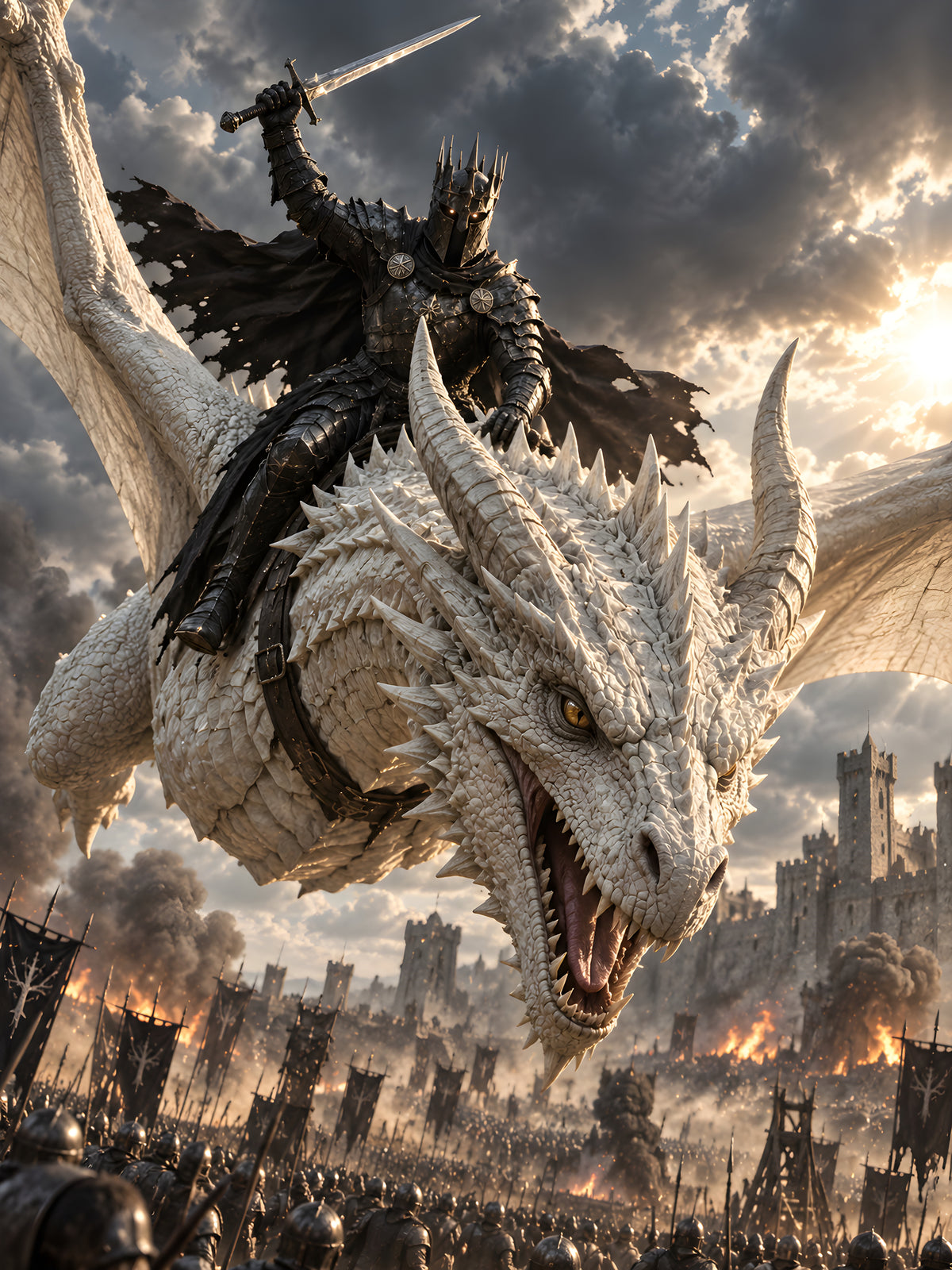 Angriff aus den Wolken – Drachen-Wandbild im schwarzen Holzrahmen, Motiv im Detail