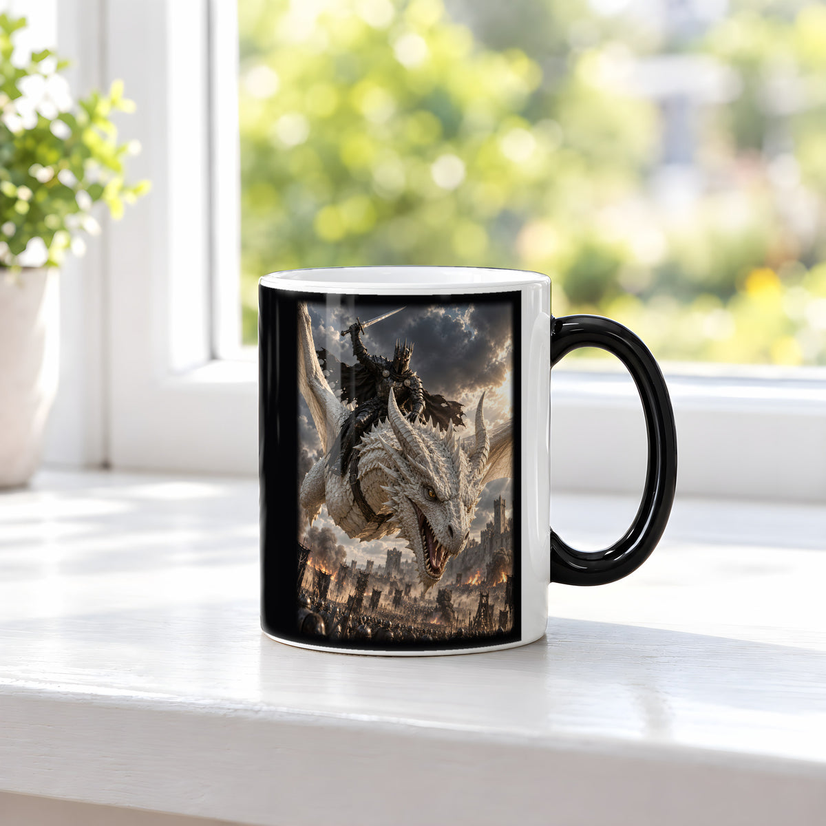 Angriff aus den Wolken – Drachen-Tasse, Black Edition, am Fenster