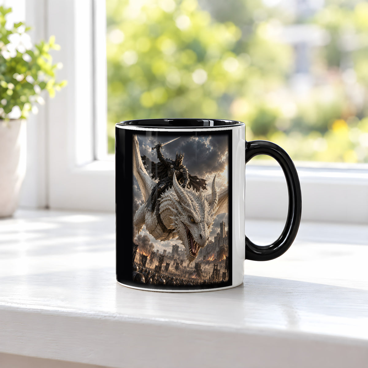 Angriff aus den Wolken – Drachen-Tasse, innen schwarz, am Fenster