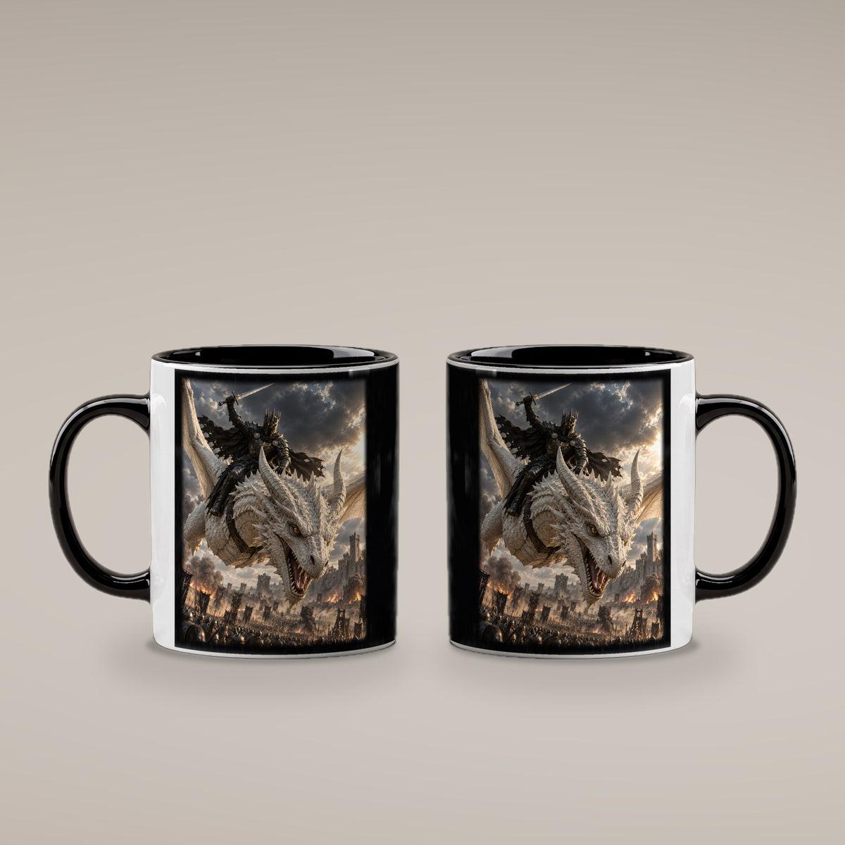 Angriff aus den Wolken – Drachen-Tasse, innen schwarz, beide Motivseiten