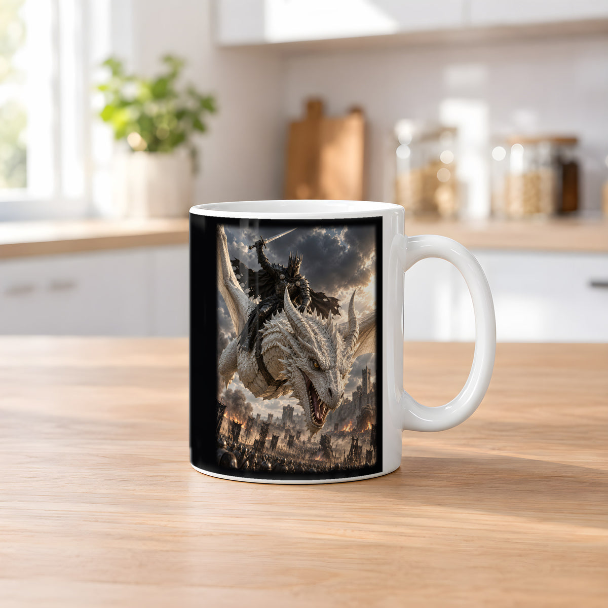 Angriff aus den Wolken – Drachen-Tasse, weiß, Küchenszene