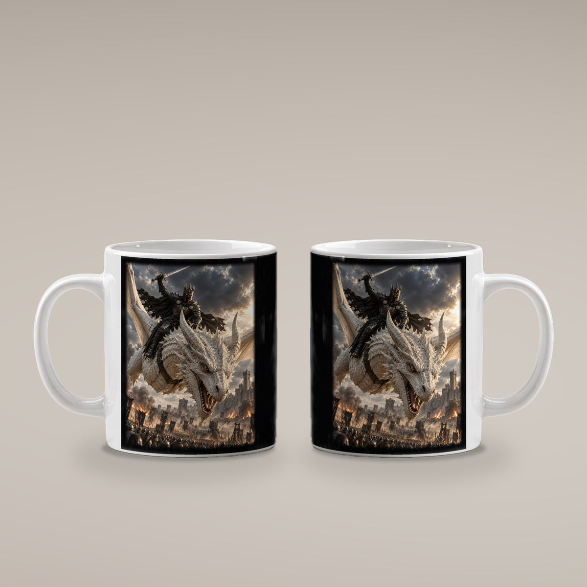 Angriff aus den Wolken – Drachen-Tasse, weiß, beide Motivseiten