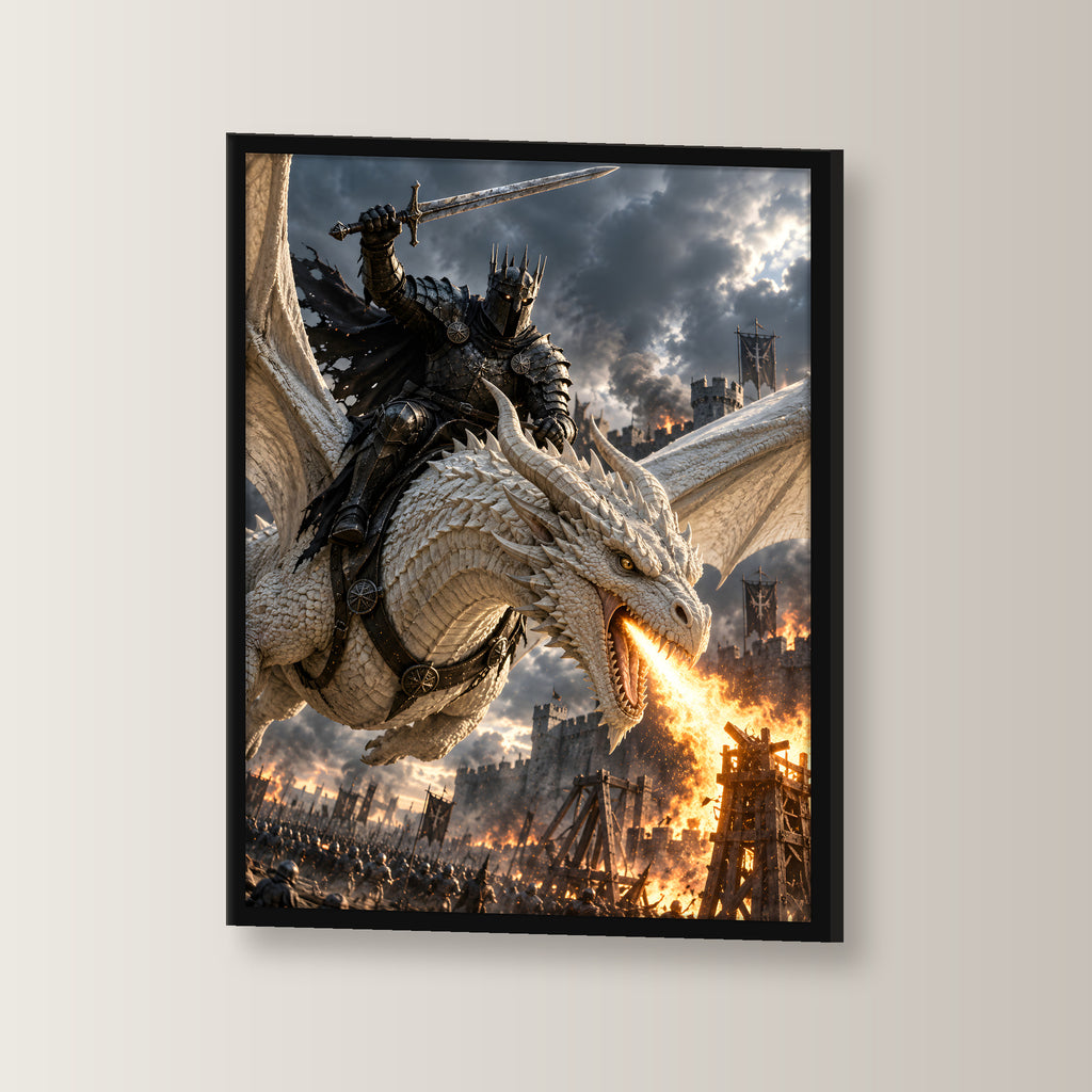 Drachenfeuer in der Schlacht – Drachen-Wandbild im schwarzen Holzrahmen, seitliche Ansicht
