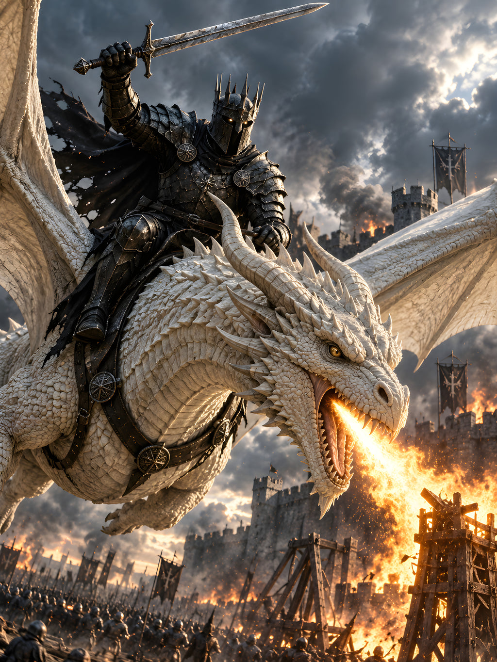 Drachenfeuer in der Schlacht – Drachen-Wandbild im schwarzen Holzrahmen, Motiv im Detail