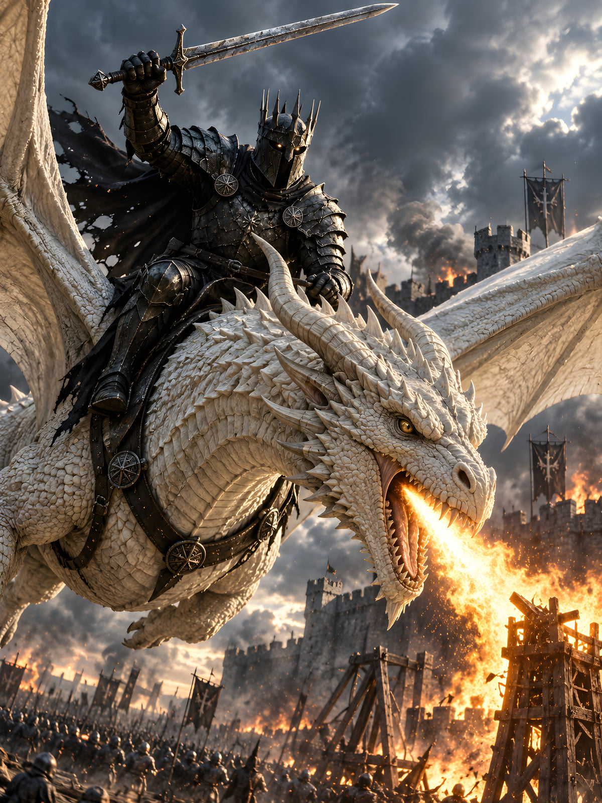 Drachenfeuer in der Schlacht – Drachen-Wandbild im schwarzen Holzrahmen, Motiv im Detail