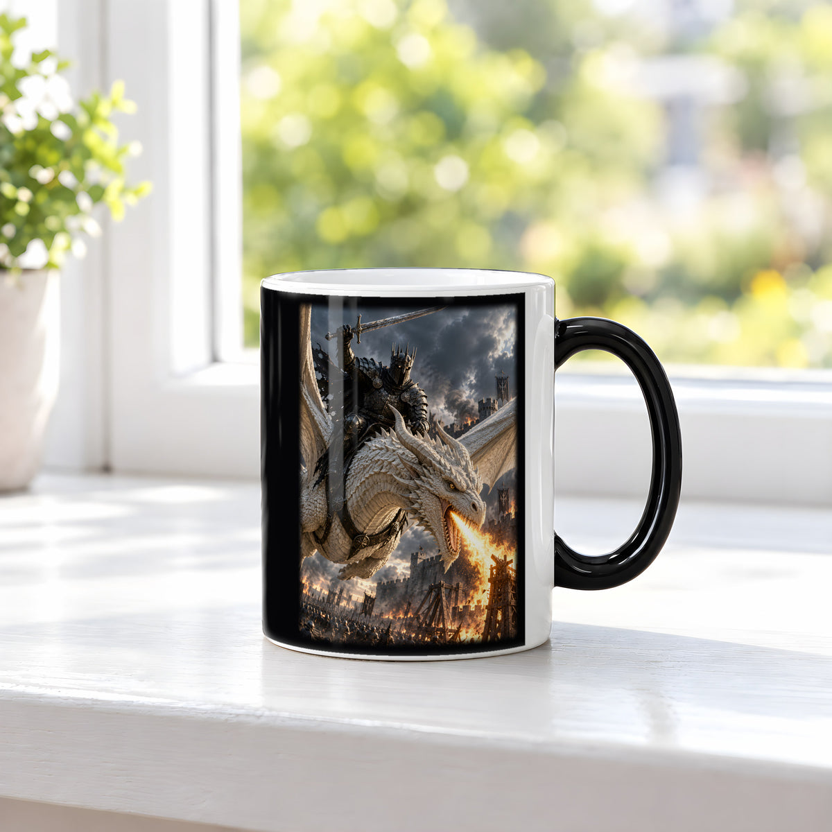 Drachenfeuer in der Schlacht – Drachen-Tasse, Black Edition, am Fenster