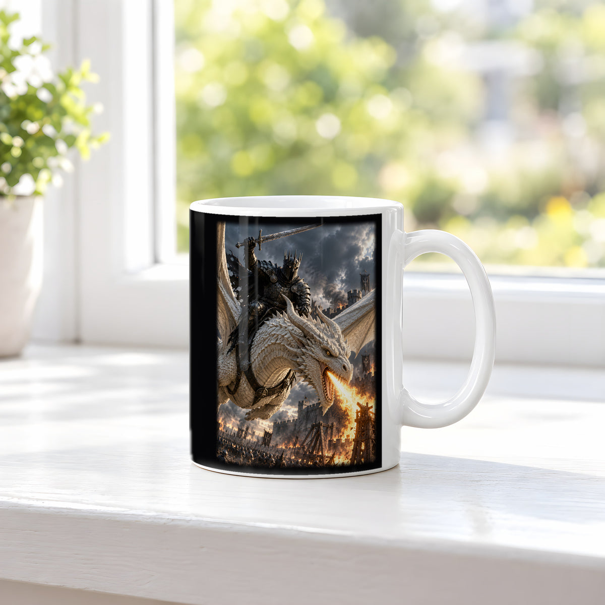 Drachenfeuer in der Schlacht – Drachen-Tasse, weiß, am Fenster