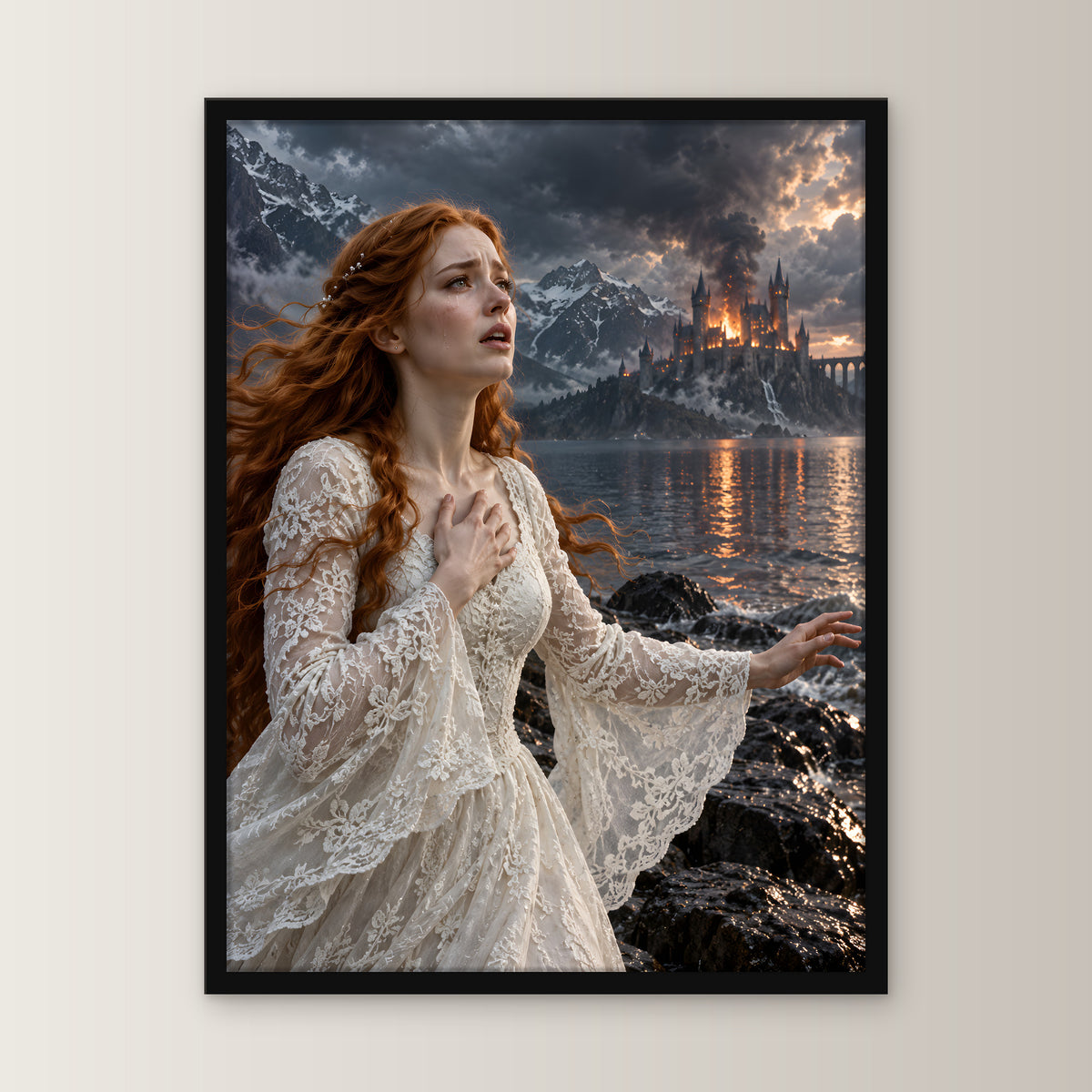 Warnung am Bergsee – Fantasy-Wandbild im schwarzen Holzrahmen, Frontansicht