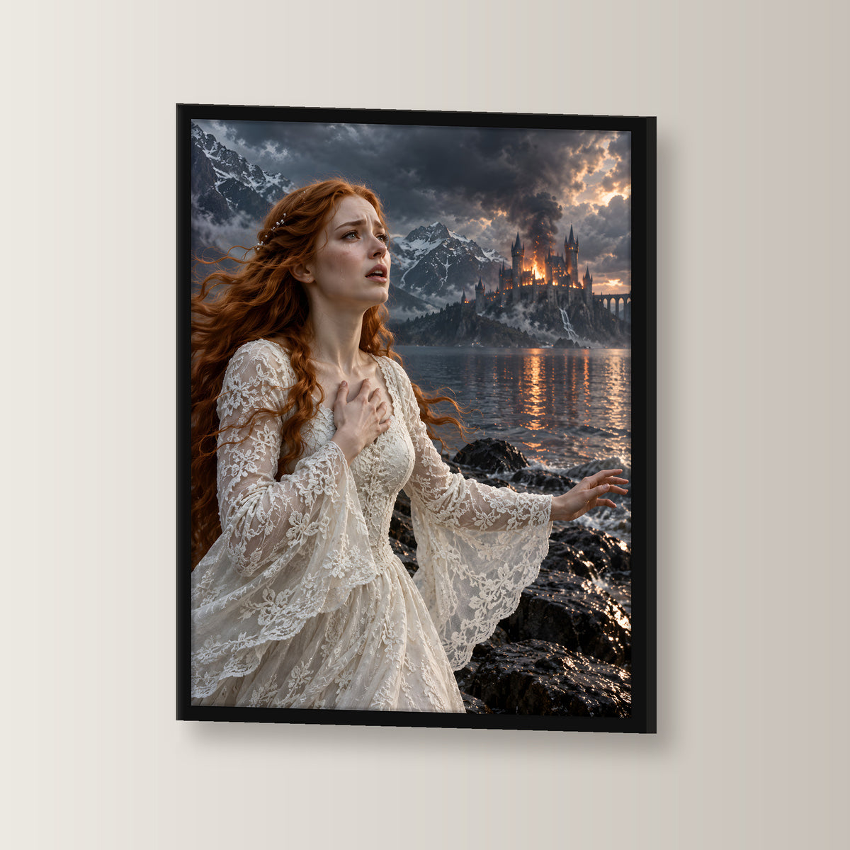Warnung am Bergsee – Fantasy-Wandbild im schwarzen Holzrahmen, seitliche Ansicht