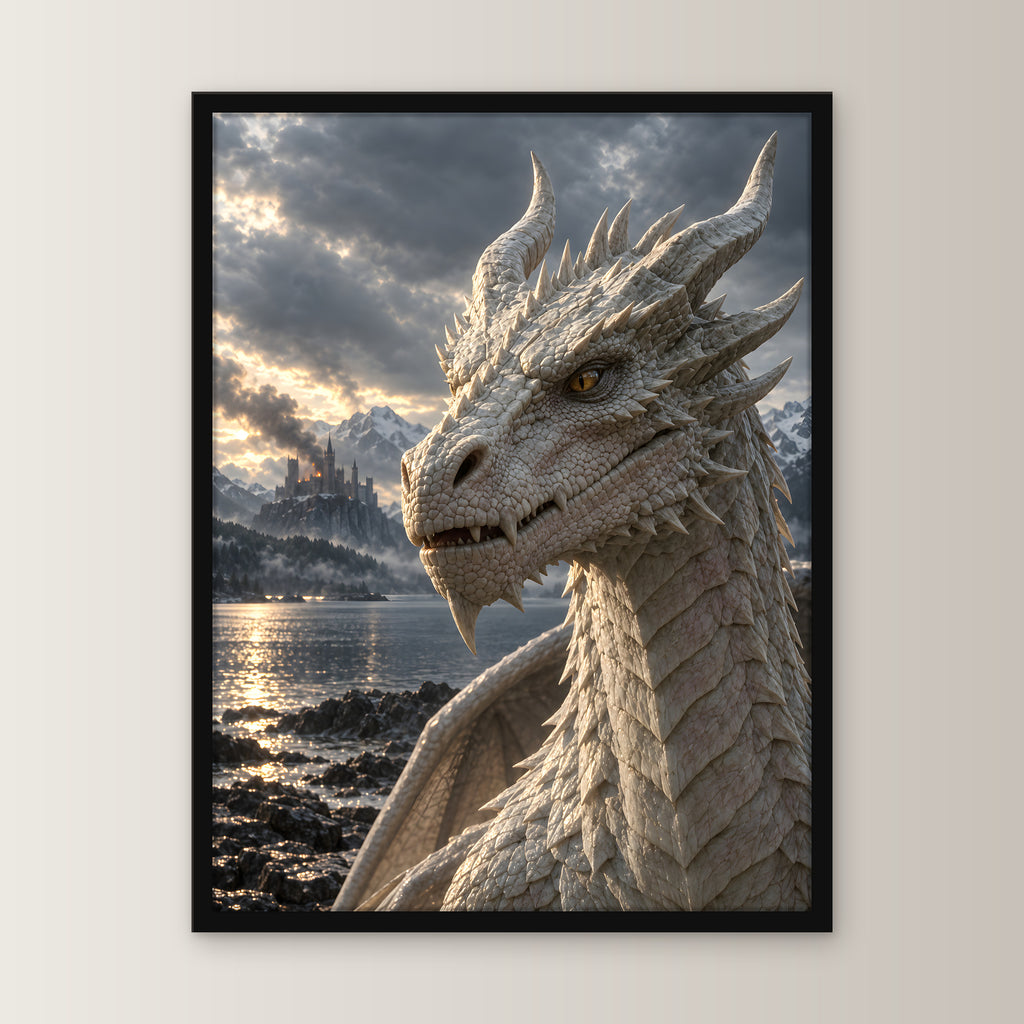 Erwachen am Bergsee – Drachen-Wandbild im schwarzen Holzrahmen, Frontansicht