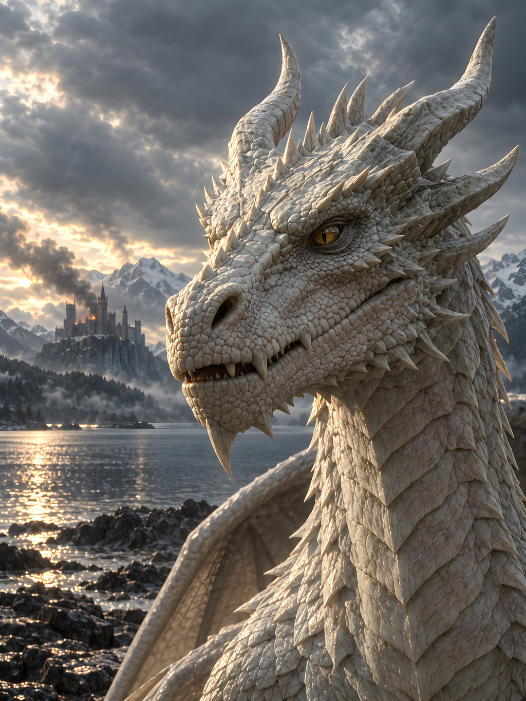 Erwachen am Bergsee – Drachen-Wandbild im schwarzen Holzrahmen, Motiv im Detail