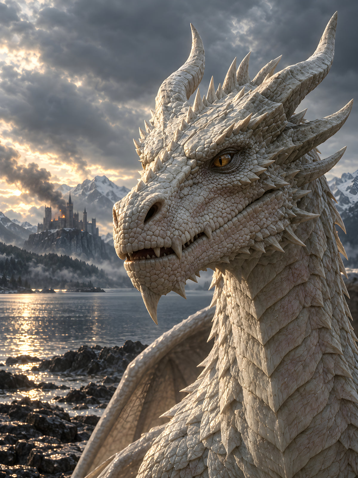 Erwachen am Bergsee – Drachen-Wandbild im schwarzen Holzrahmen, Motiv im Detail