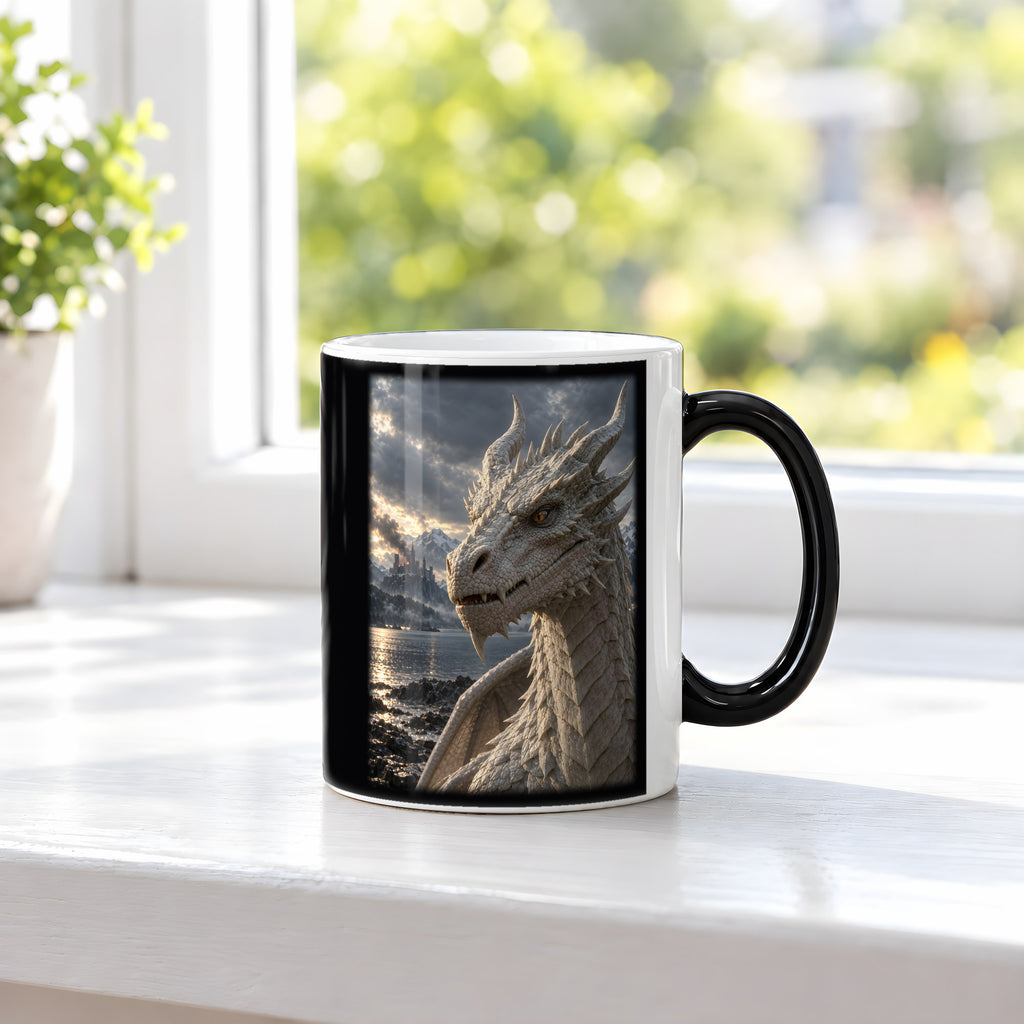 Erwachen am Bergsee – Drachen-Tasse, Black Edition, am Fenster