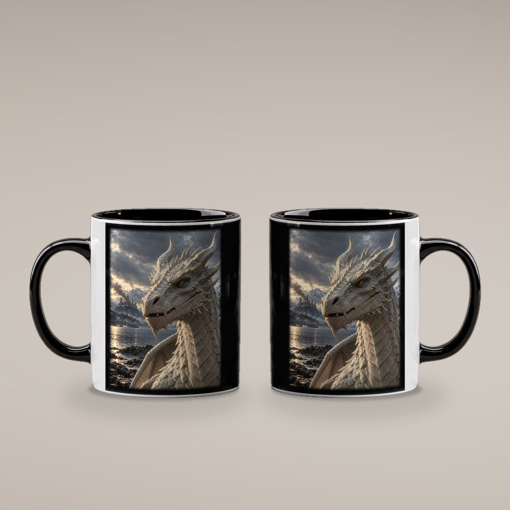 Erwachen am Bergsee – Drachen-Tasse, innen schwarz, beide Motivseiten