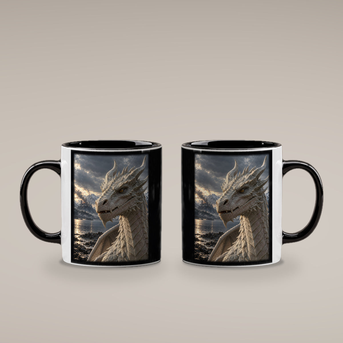 Erwachen am Bergsee – Drachen-Tasse, innen schwarz, beide Motivseiten