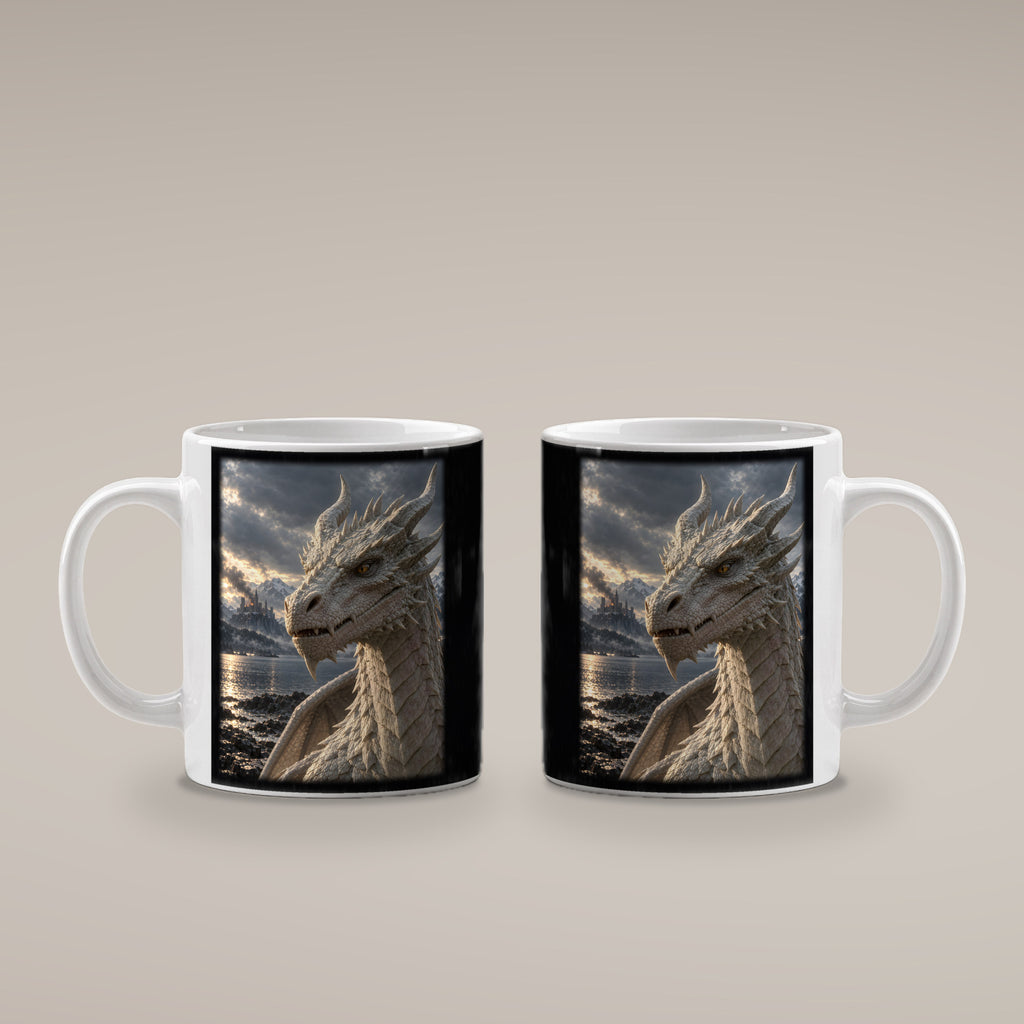 Erwachen am Bergsee – Drachen-Tasse, weiß, beide Motivseiten