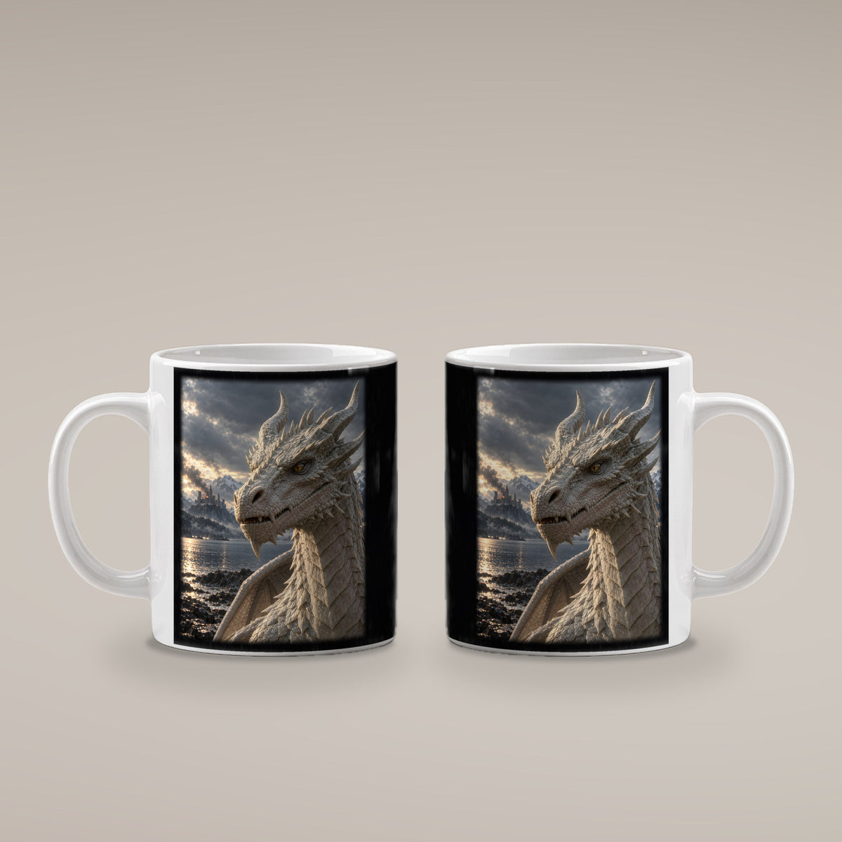 Erwachen am Bergsee – Drachen-Tasse, weiß, beide Motivseiten