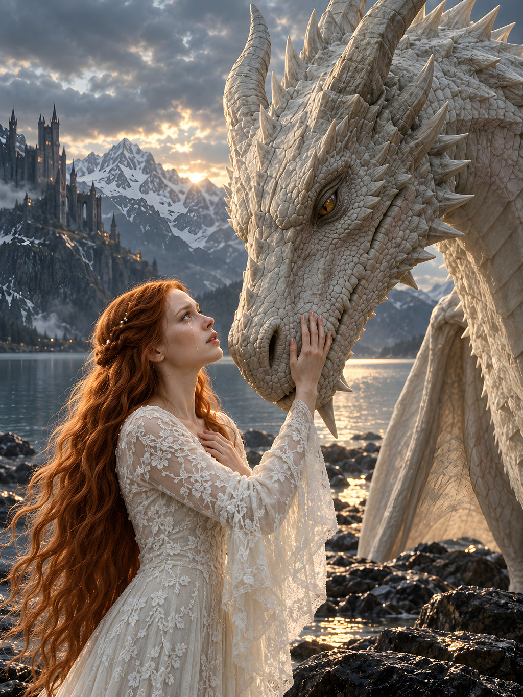 Vertrauen am Bergsee – Drachen-Wandbild im schwarzen Holzrahmen, Motiv im Detail