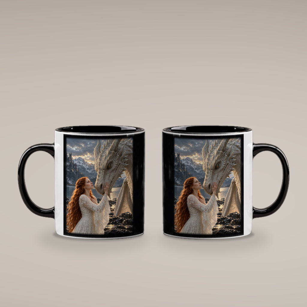Vertrauen am Bergsee – Drachen-Tasse, innen schwarz, beide Motivseiten