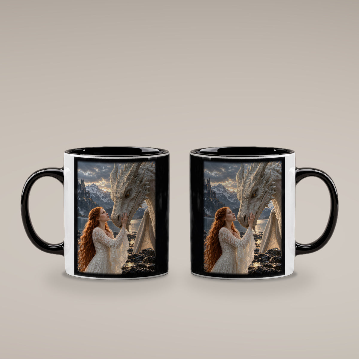 Vertrauen am Bergsee – Drachen-Tasse, innen schwarz, beide Motivseiten