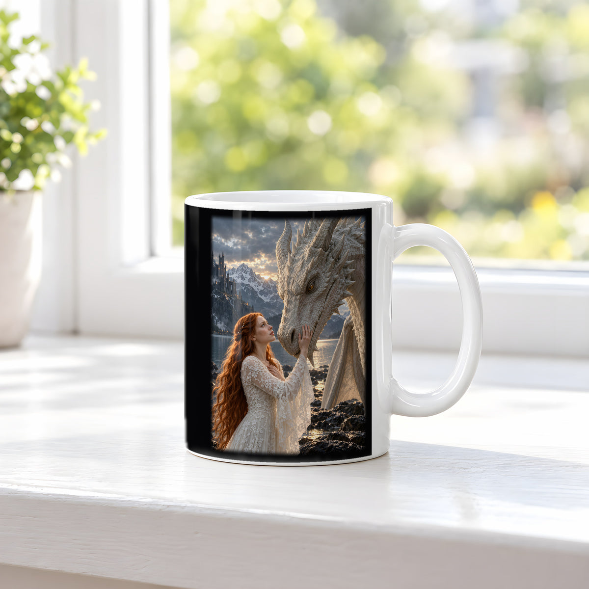 Vertrauen am Bergsee – Drachen-Tasse, weiß, am Fenster